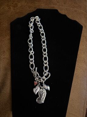 Guess Silver-Tone Heart Charm Toggle Necklace with Logo Charm